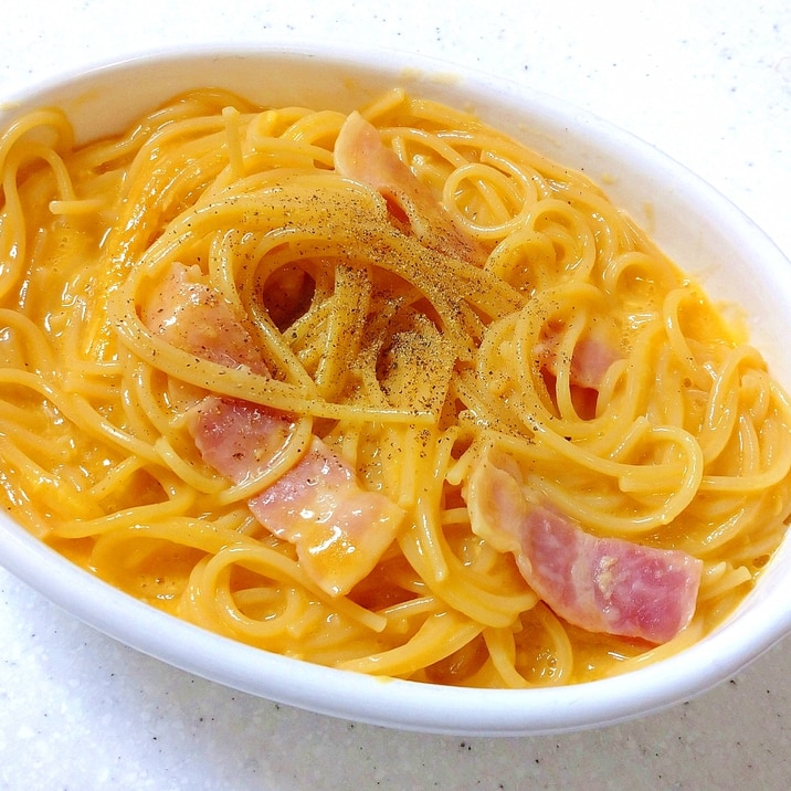 レンジでパスタ♪生クリーム、牛乳無しのカルボナーラ